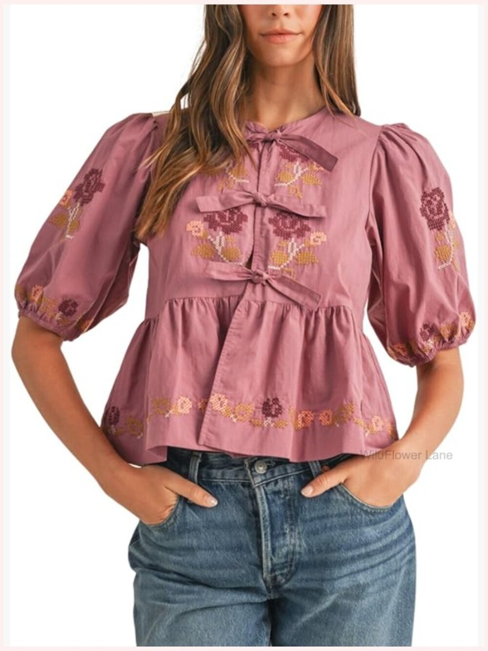 Short Puff Sleeve Floral Embroidery Poplin Peplum Blouse with Front Tie